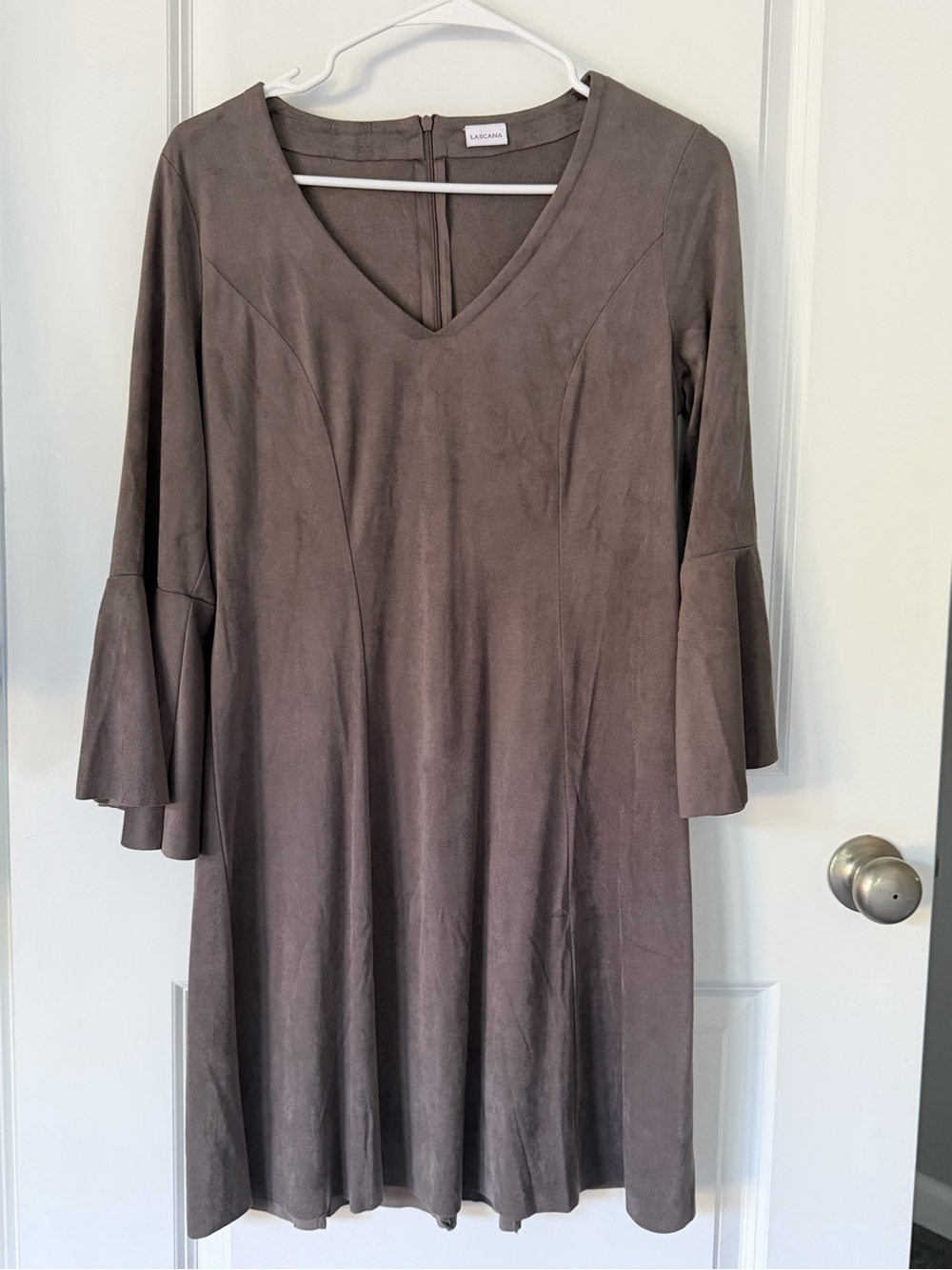 Lascana Sueded Taupe V-Neck Bell Sleeve Dress Size 4